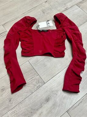 Zara Deep Red Ruched Long Sleeve Crop Top Size S NWT